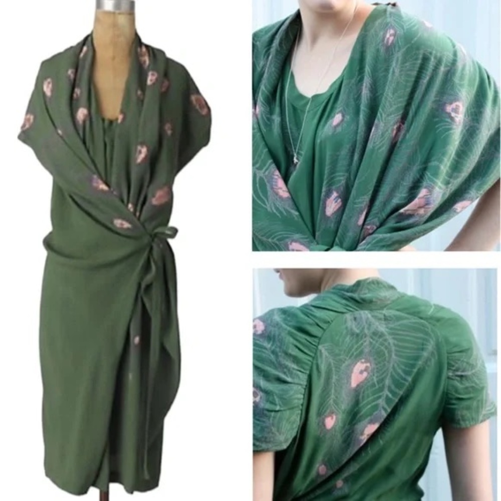 Rützou Green Feather Print Kimono Anthropologie